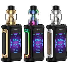 Aegis X Zeus Kit 200W vape mod with gold, rainbow, and silver tanks