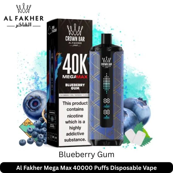Al Fakher Mega Max Blueberry Gum vape with box and blueberries