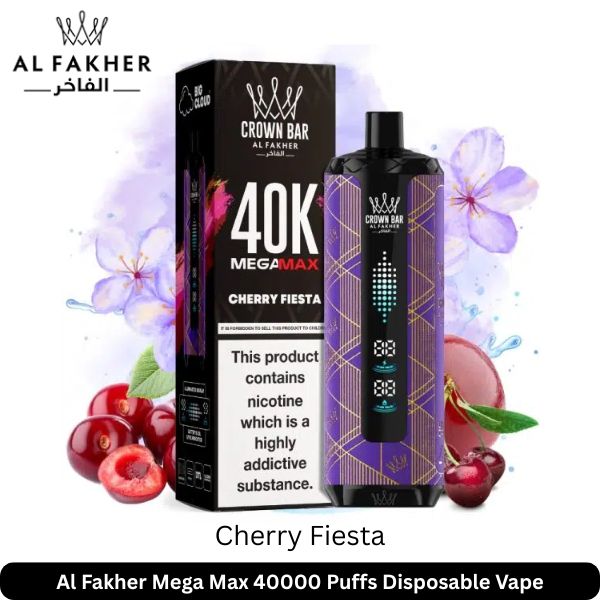 Al Fakher Mega Max Cherry Fiesta 40k Puffs vape with box and cherries