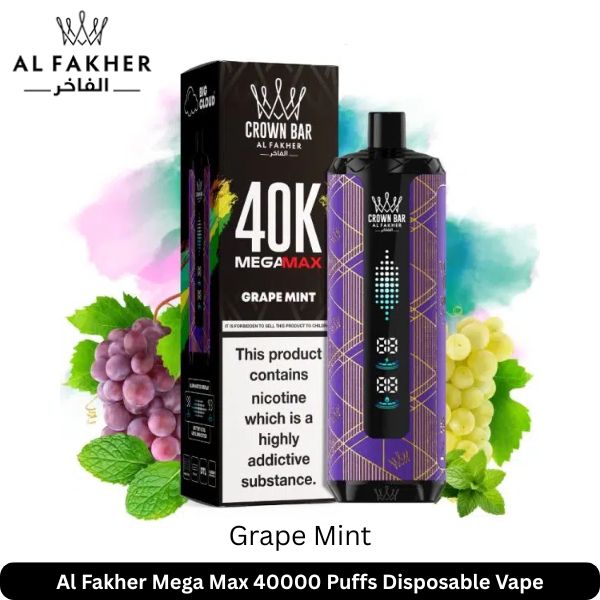 Al Fakher Mega Max Grape Mint 40k Puffs vape with box and grapes