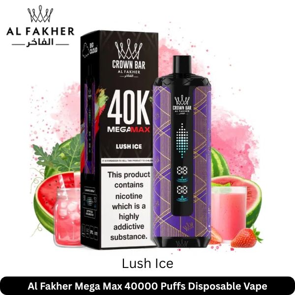 Al Fakher Mega Max Lush Ice 40k Puffs vape with box and watermelon
