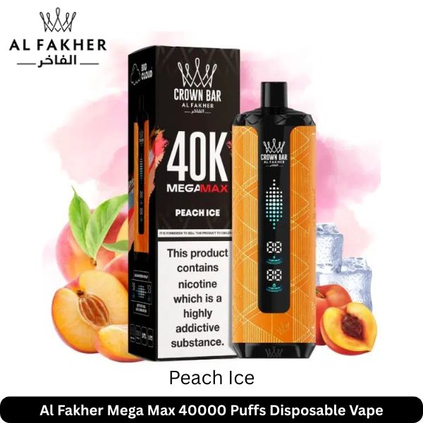 Al Fakher Mega Max Peach Ice 40k Puffs vape with box and peaches