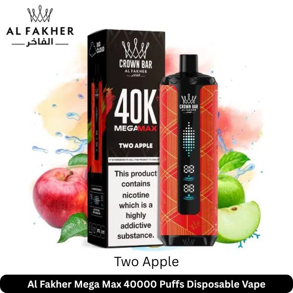 Al Fakher Mega Max Two Apple 40k Puffs vape with box and apples