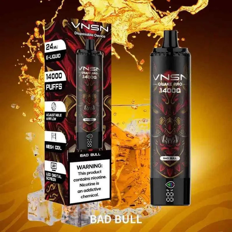 VNSN Quake Pro Bad Bull disposable vape with 24ml e-liquid and adjustable airflow feature