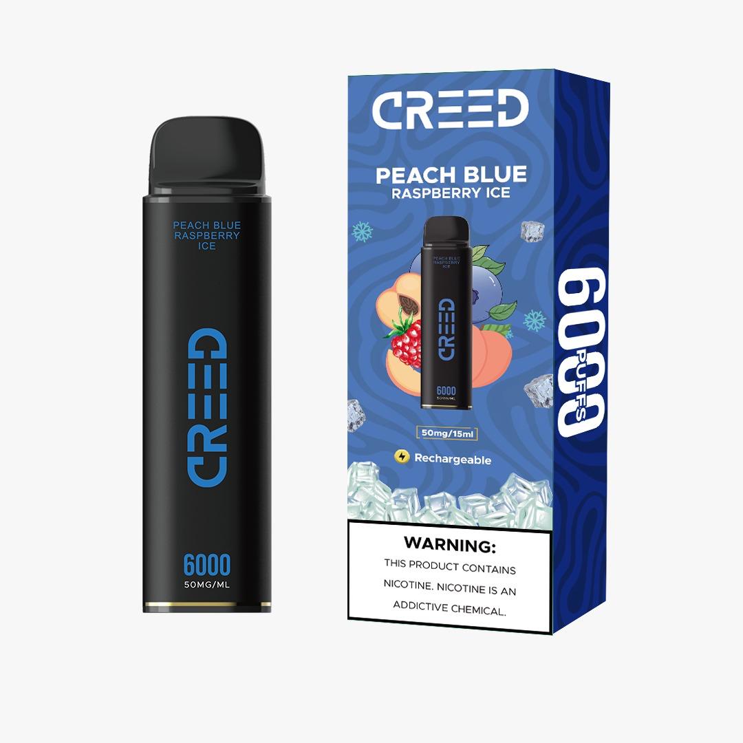 CREED Peach Blue Raspberry Ice vape 6000 puffs with box, rechargeable