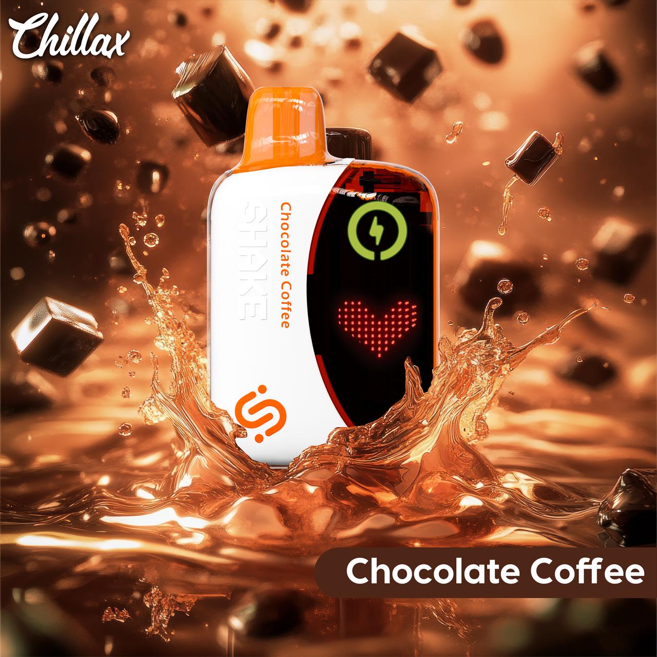 Chillax Chocolate Coffee vape with chocolate cubes and coffee splash background