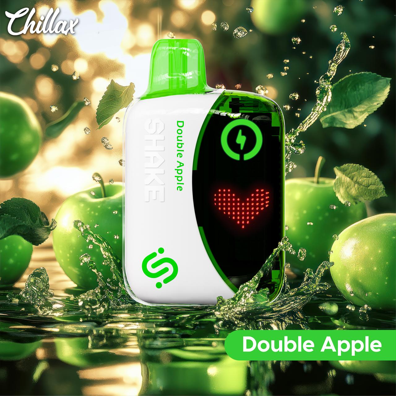 Chillax Double Apple vape with green apples and splash background