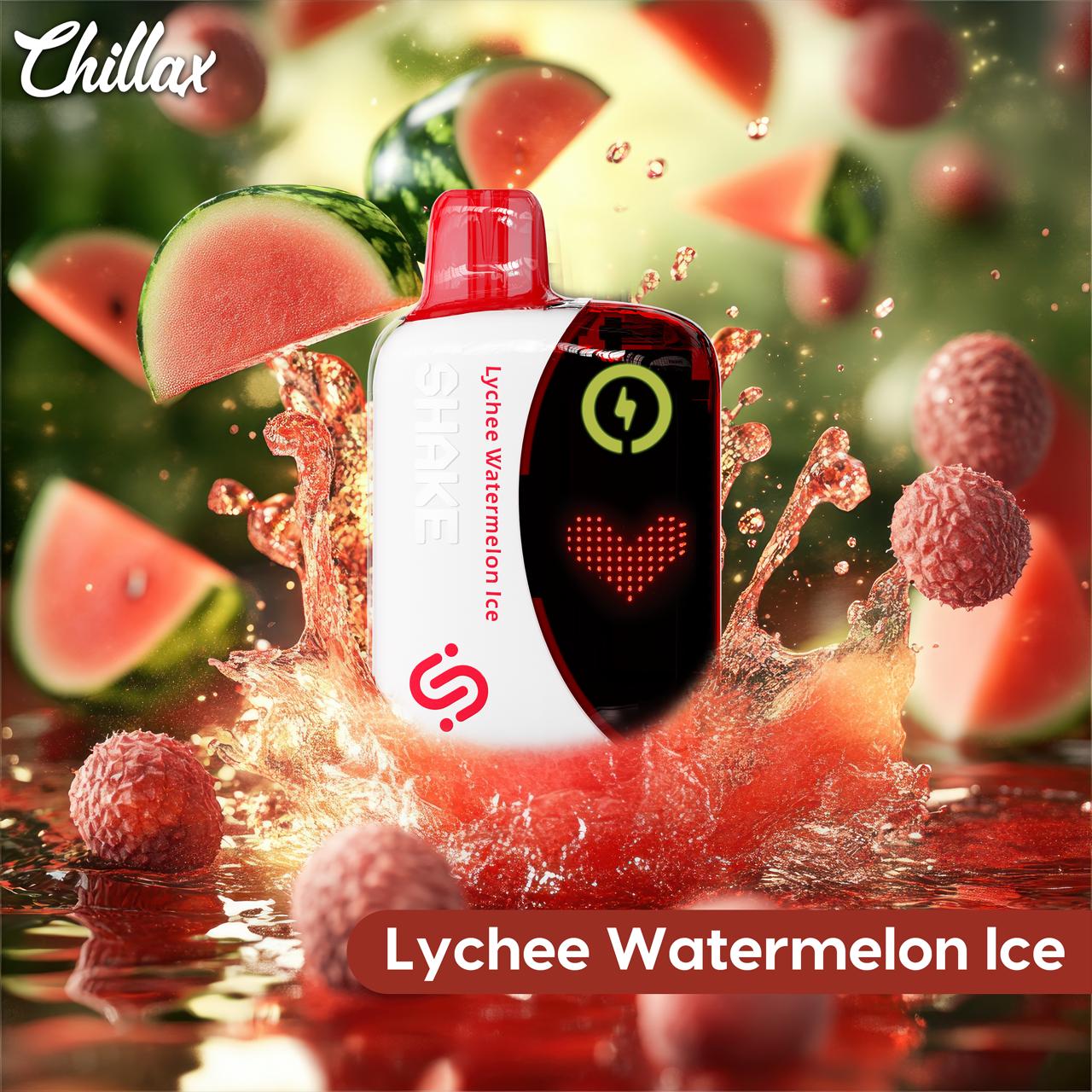 Chillax Lychee Watermelon Ice vape with lychee, watermelon, and splash background
