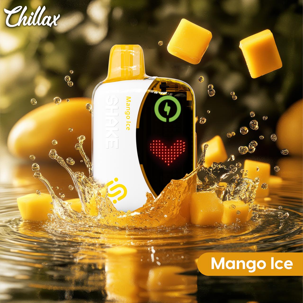 Chillax Mango Ice vape with mango cubes and juicy splash background
