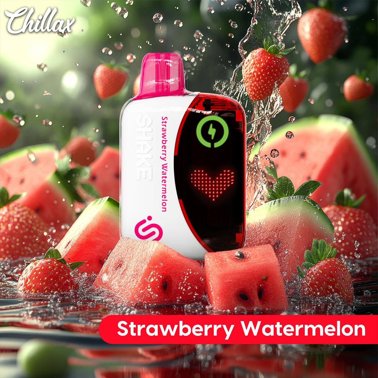 Chillax Strawberry Watermelon vape with strawberries, watermelon, and splash background