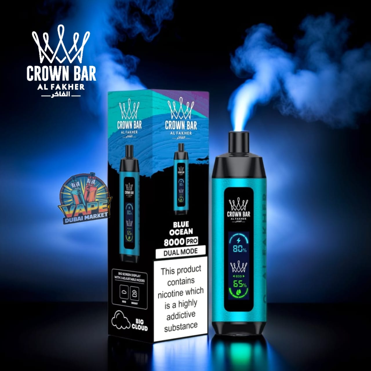 Crown Bar Al Fahker Pro Blue Ocean vape with 8000 puffs and dual mode LED display