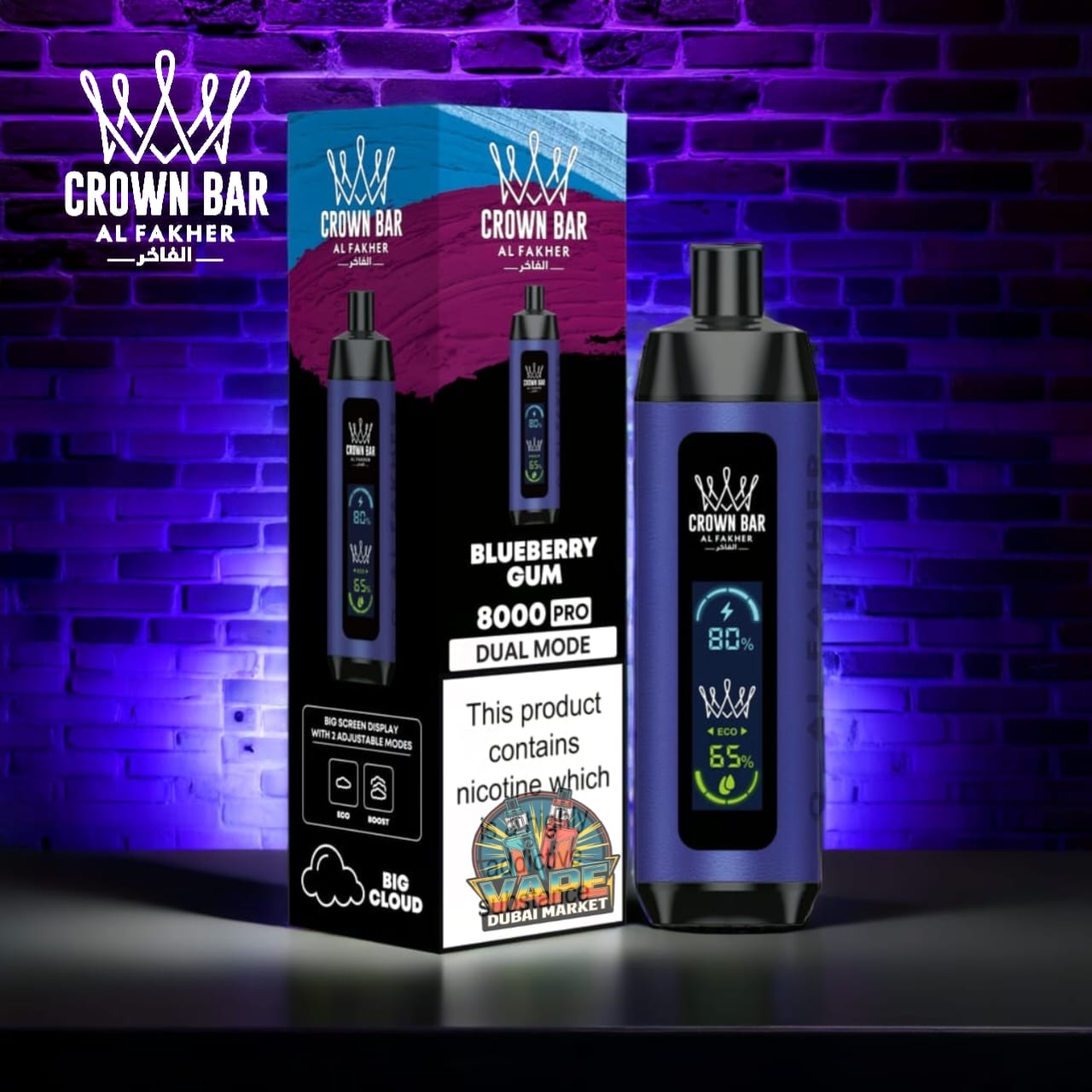 Crown Bar Al Fahker Pro Blueberry Gum disposable vape with LED display and dual mode