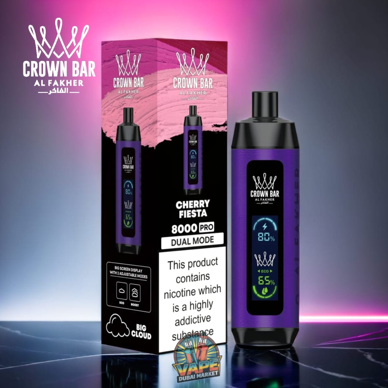 Crown Bar Al Fahker Pro Cherry Fiesta vape with dual mode and big screen display