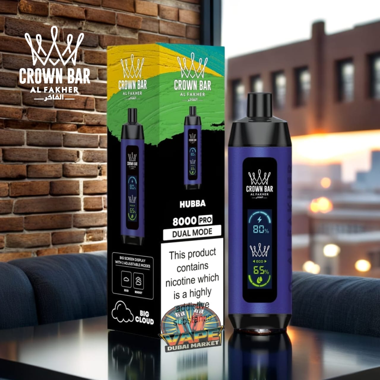 Crown Bar Al Fahker Pro Hubba vape with 8000 puffs and rechargeable battery