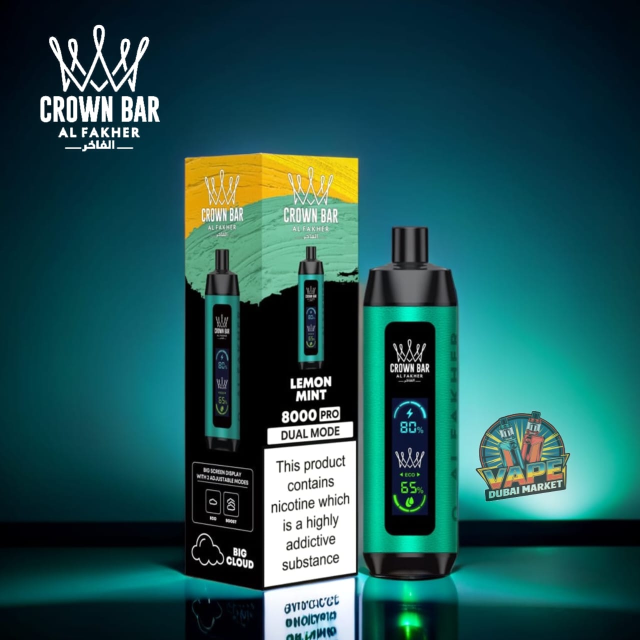 Crown Bar Al Fahker Pro Lemon Mint vape with 8000 puffs and adjustable airflow