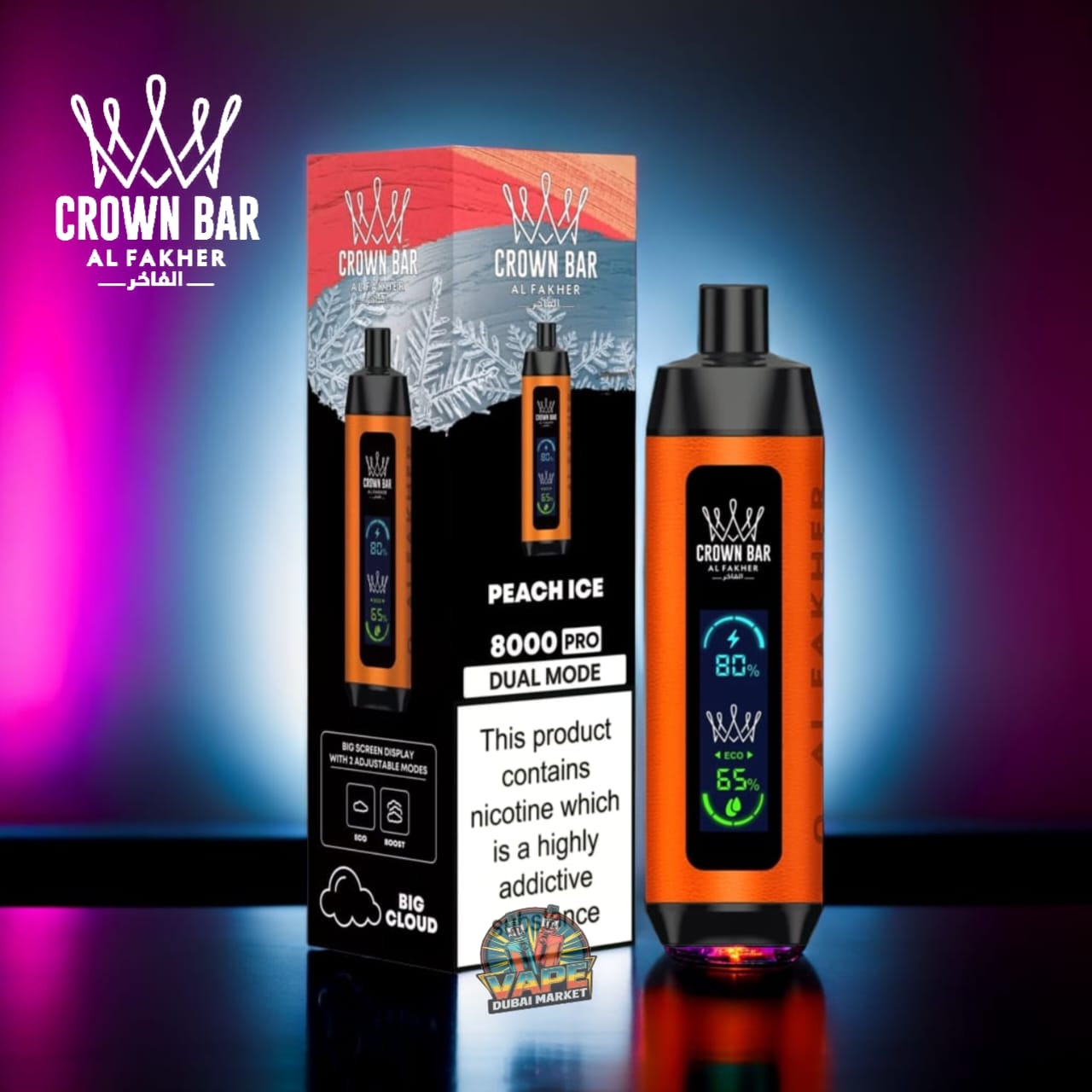 Crown Bar Al Fahker Pro Peach Ice vape with rechargeable battery and dual mode