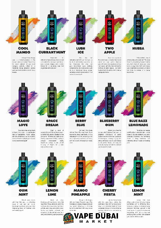 Crown Bar Al Fahker Pro vape flavors chart with 8000 puffs and rechargeable battery