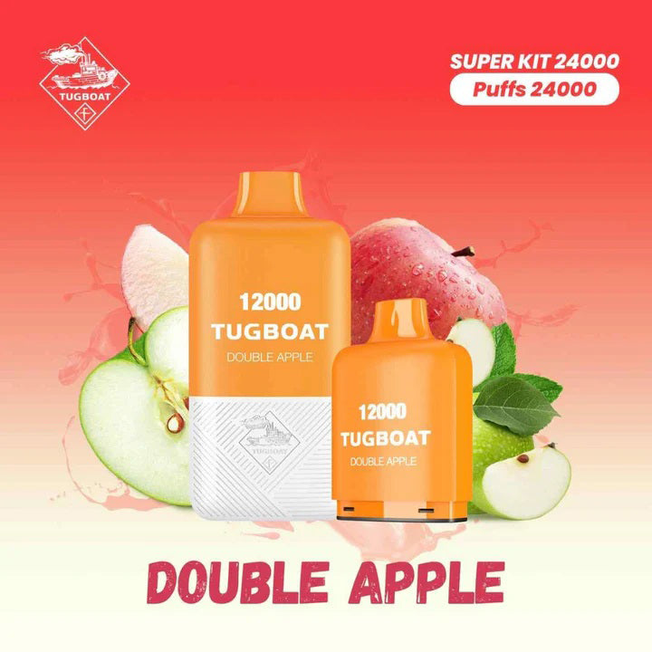 Tugboat Super Kit Double Apple 24000 Puffs Disposable Vape with green and red apples