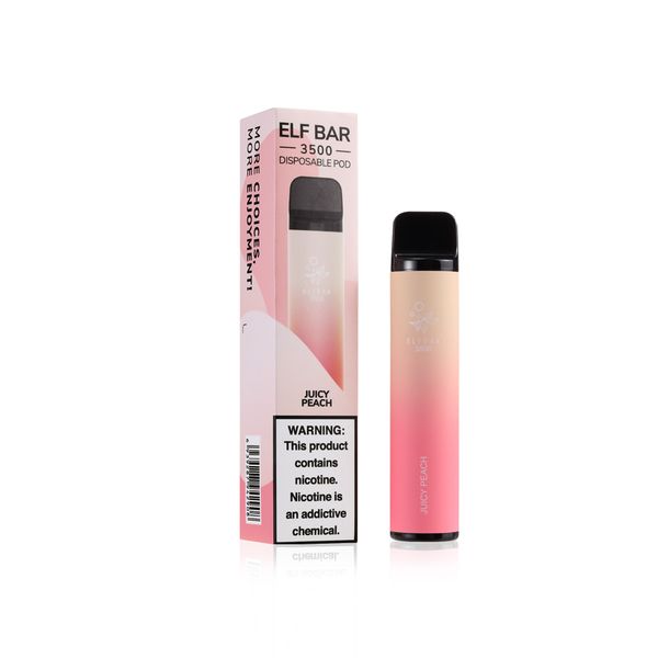 Elf Bar 3500 Juicy Peach – disposable vape pod and box with juicy peach flavor