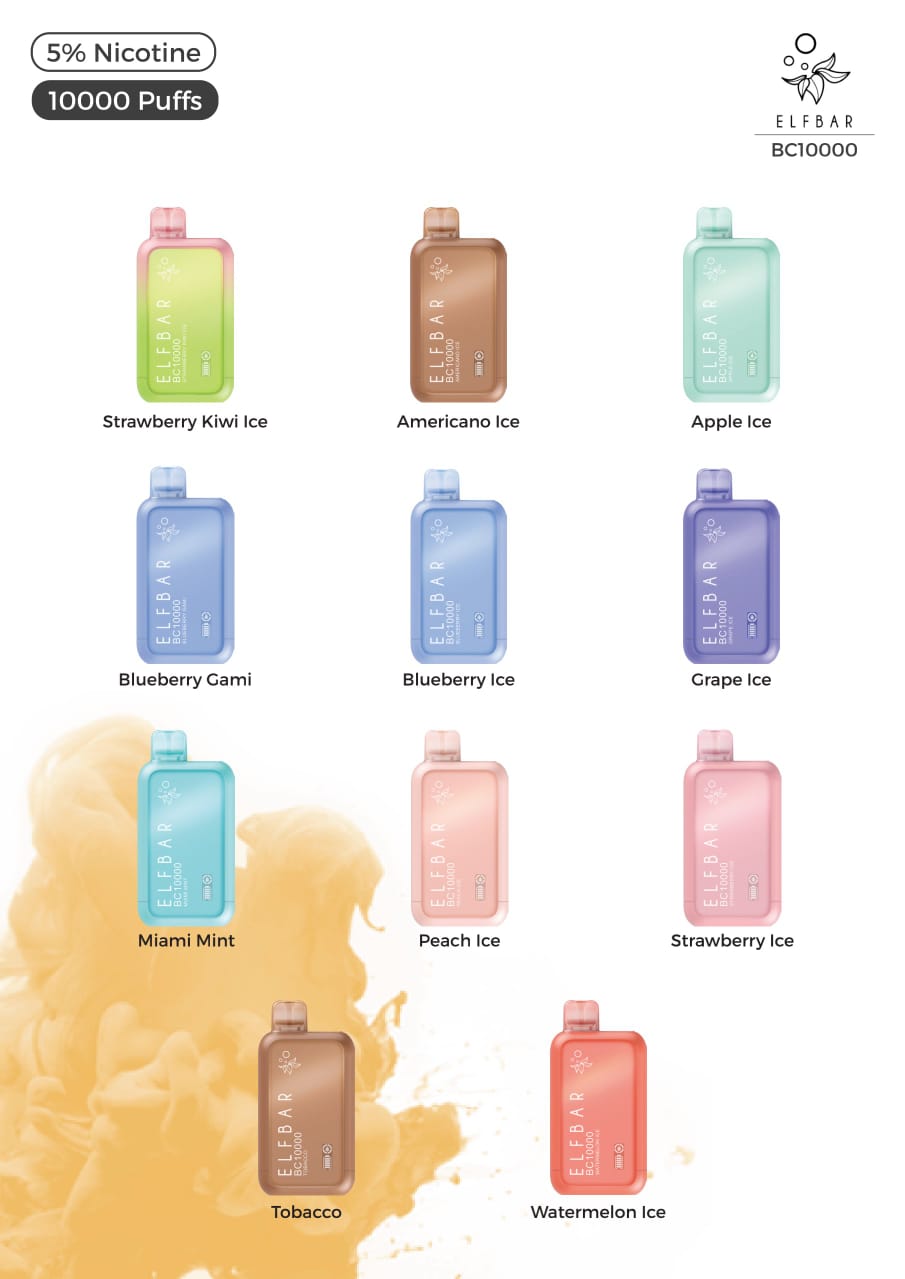 Elf Bar BC10000 – disposable vape lineup with assorted flavors and 10000 puffs