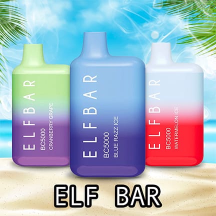 Elf Bar BC5000 vapes in Cranberry Grape, Blue Razz Ice, Watermelon Ice on beach