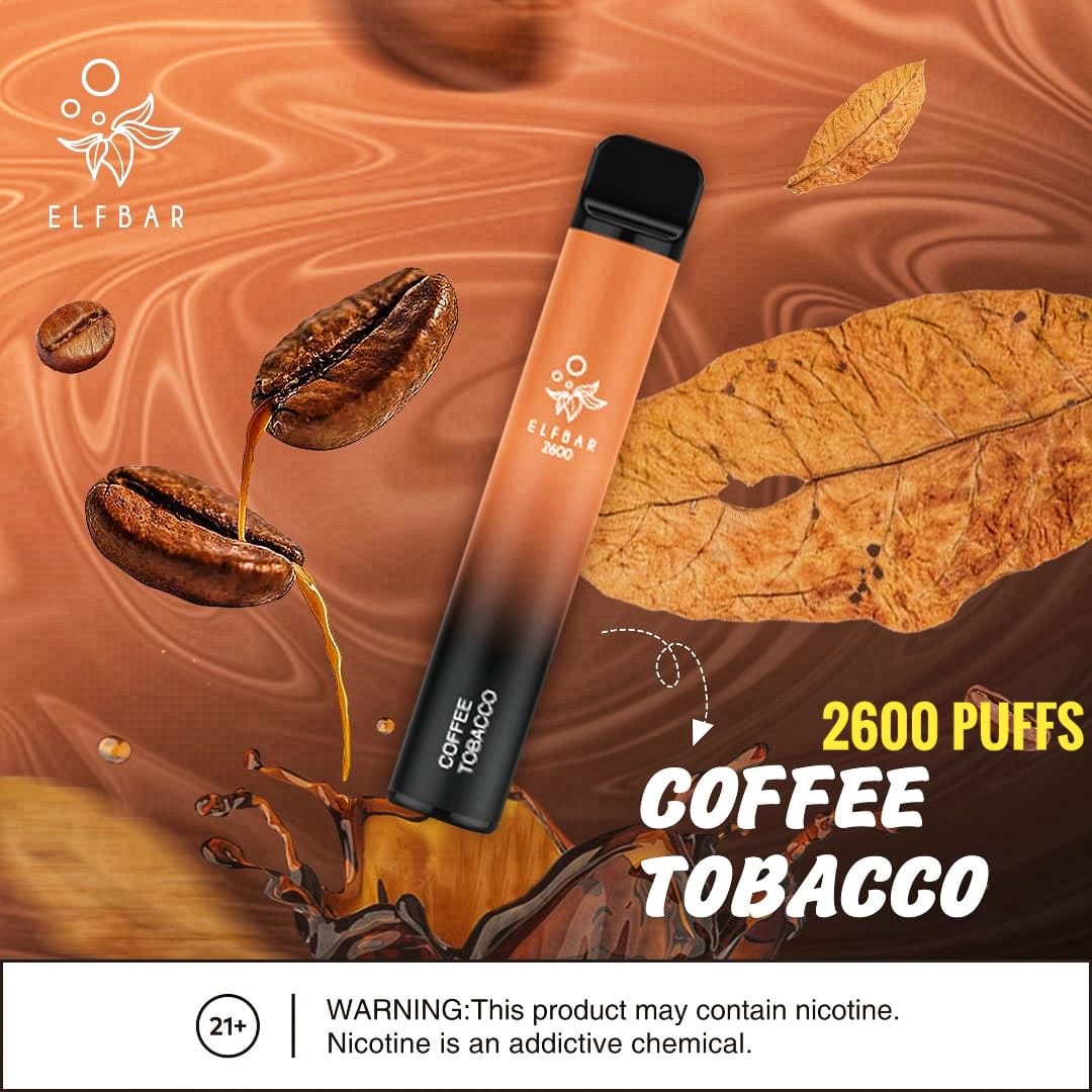 Elf Bar Coffee Tobacco vape with coffee beans, tobacco leaf, and splash, 2600 puffs