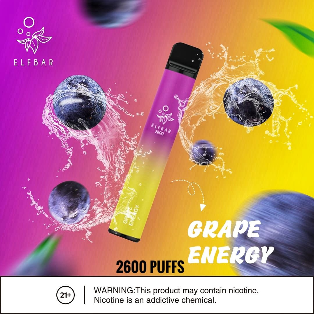 Elf Bar Grape Energy vape with grapes and splash, 2600 puffs