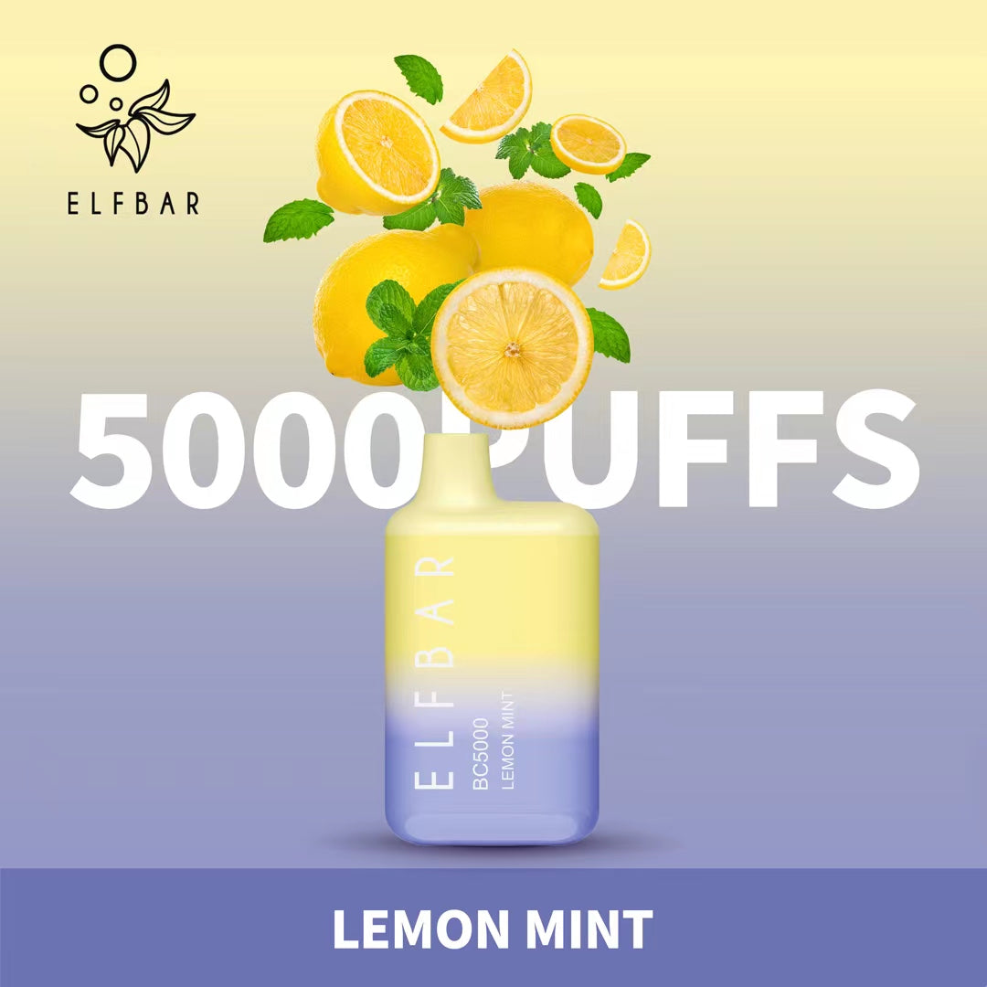 Elf Bar Lemon Mint vape 5000 puffs with lemons and mint leaves