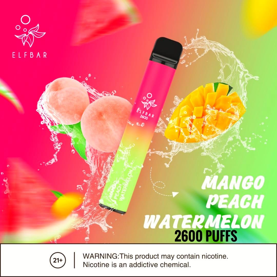 Elf Bar Mango Peach Watermelon vape with fruits and splash, 2600 puffs