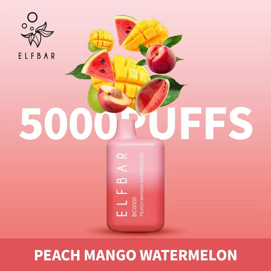 Elf Bar Peach Mango Watermelon vape 5000 puffs with fruits on pink background
