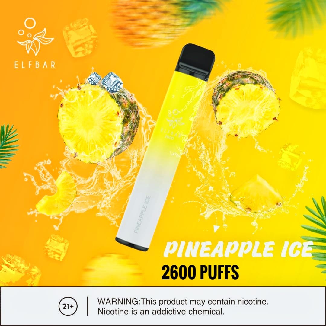 Elf Bar Pineapple Ice vape with pineapples and splash, 2600 puffs