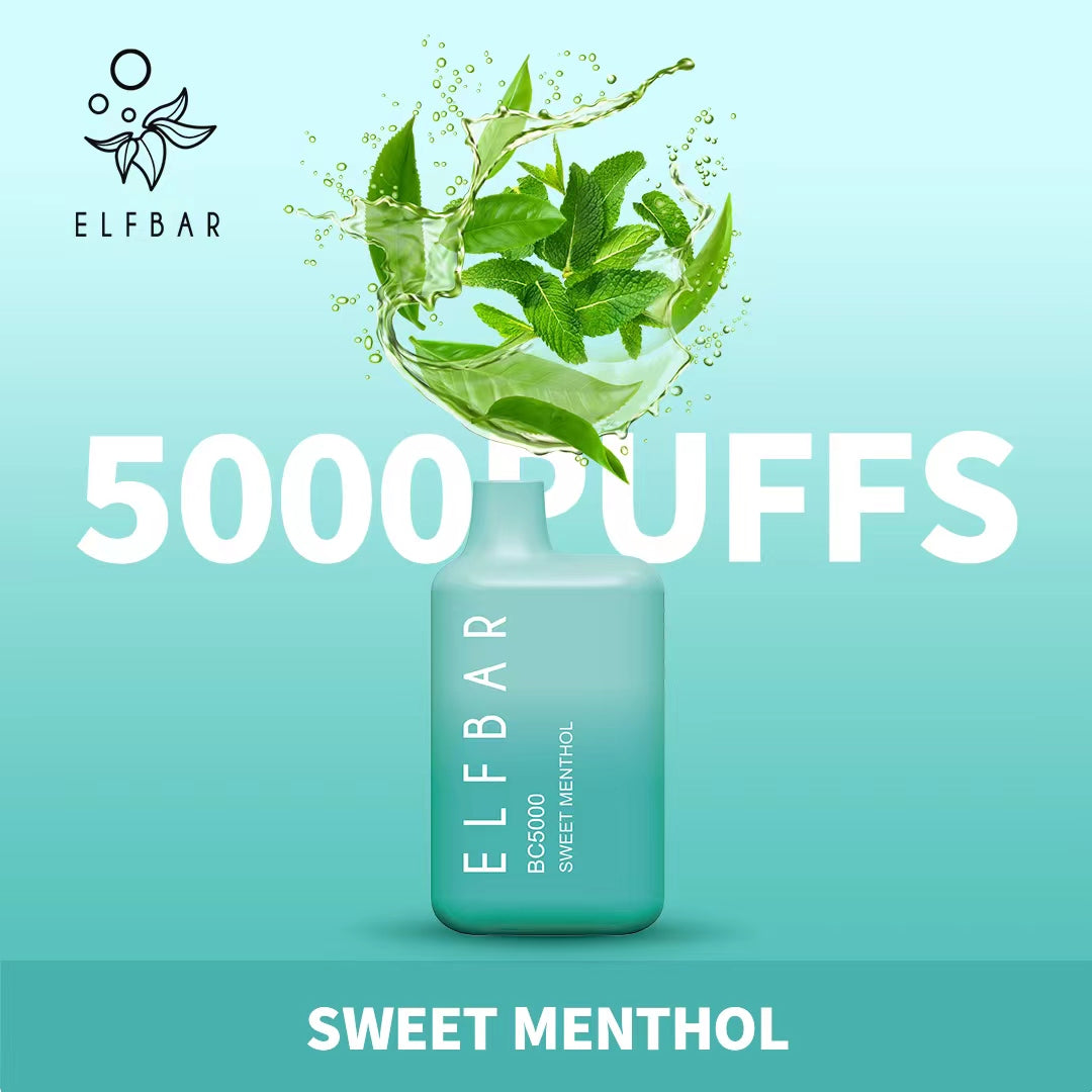 Elf Bar Sweet Menthol vape 5000 puffs with fresh mint leaves on blue background