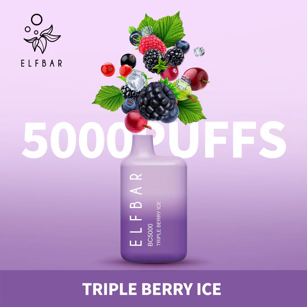 Elf Bar Triple Berry Ice vape 5000 puffs with blackberries, raspberries, and ice