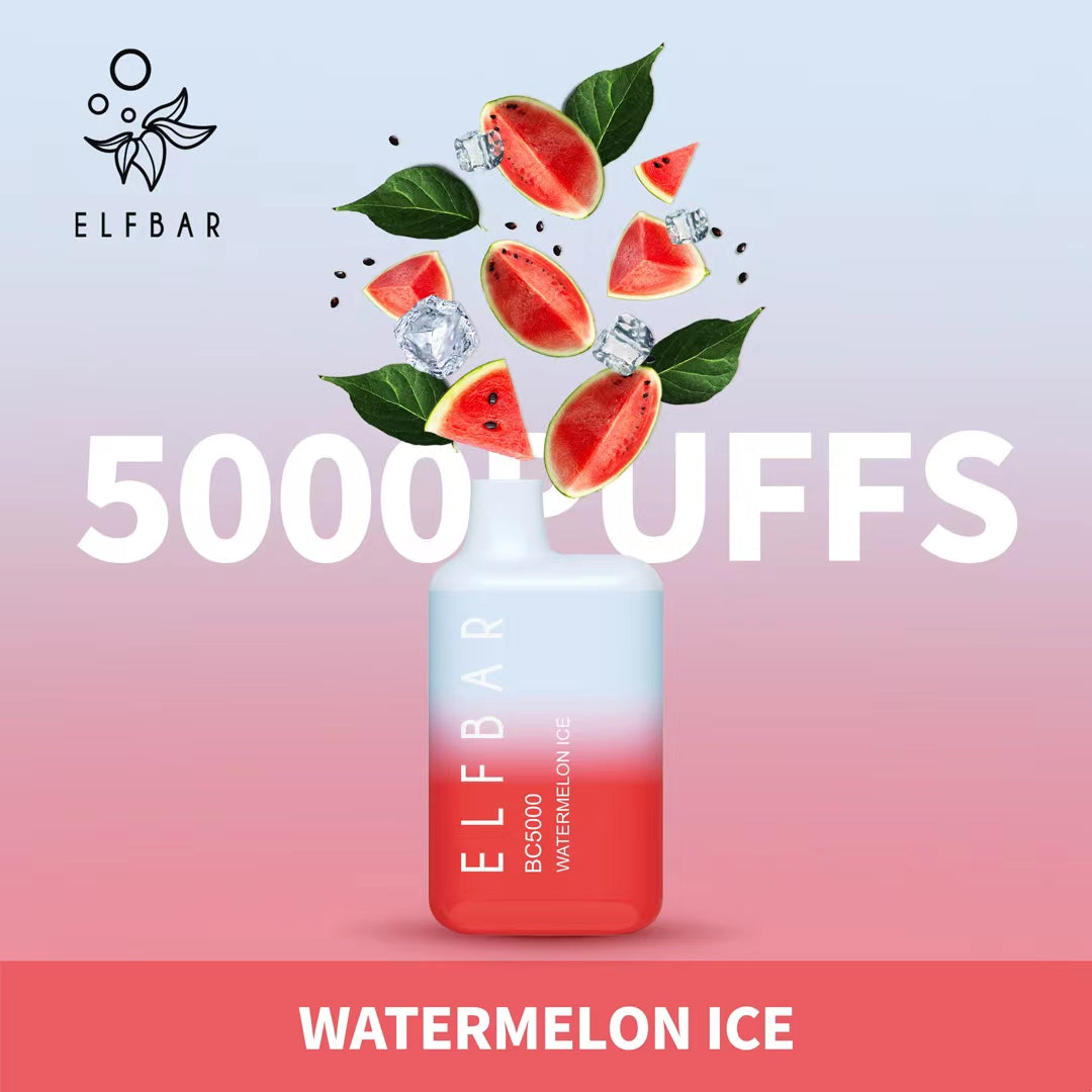Elf Bar Watermelon Ice vape 5000 puffs with watermelon slices and ice cubes
