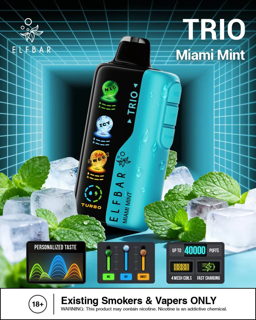 Elfbar Trio Miami Mint 40000 Puffs vape device with mint leaves and ice