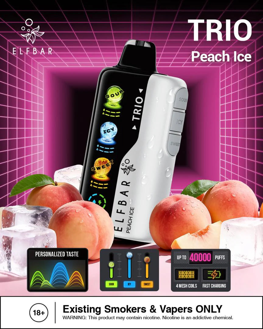 Elfbar Trio Peach Ice 40000 Puffs vape device with peaches and ice