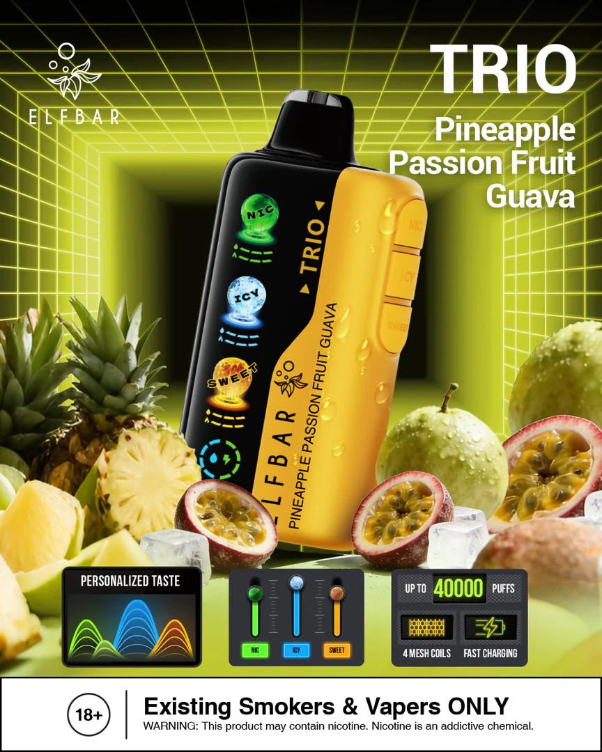 Elfbar Trio Pineapple Passion Fruit Guava 40000 Puffs vape device with tropical fruits