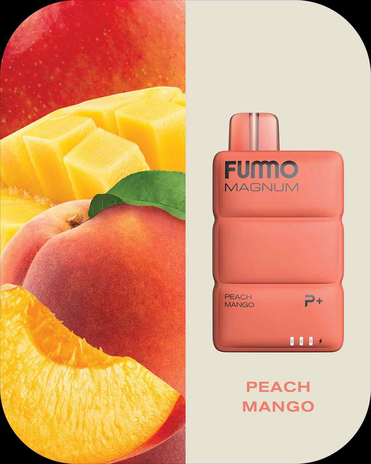 Fummo Magnum Peach Mango vape with peach and mango slices