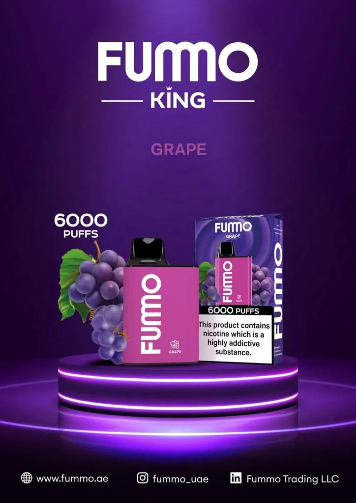 FUMO King Grape vape 6000 puffs with grapes and packaging on purple illuminated stand