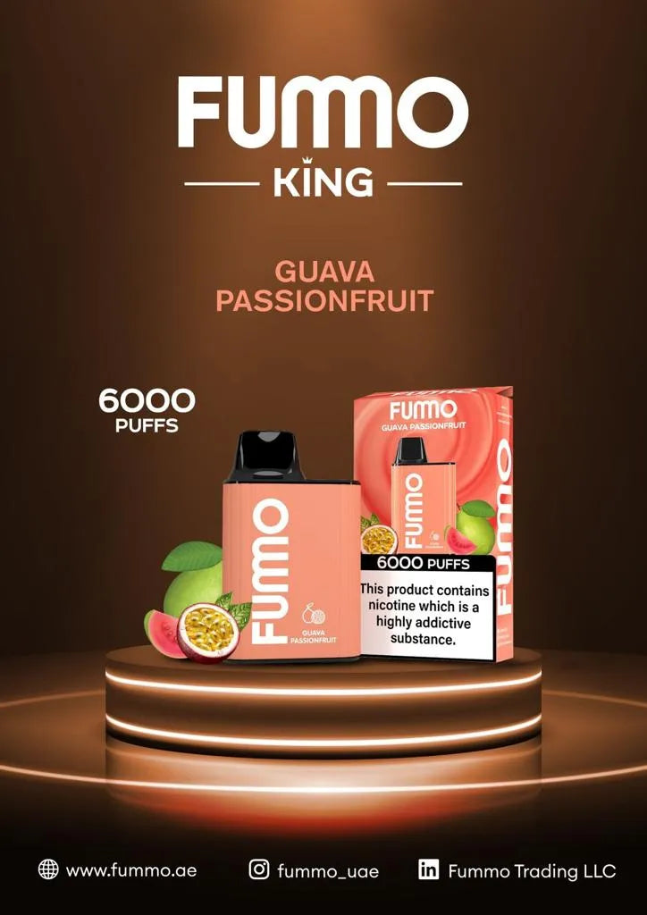 FUMO King Guava Passionfruit vape 6000 puffs with fruit and box on brown stand