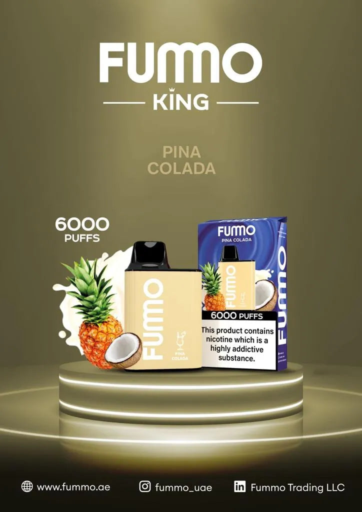 FUMO King Pina Colada vape 6000 puffs with box, pineapple, and coconut on display
