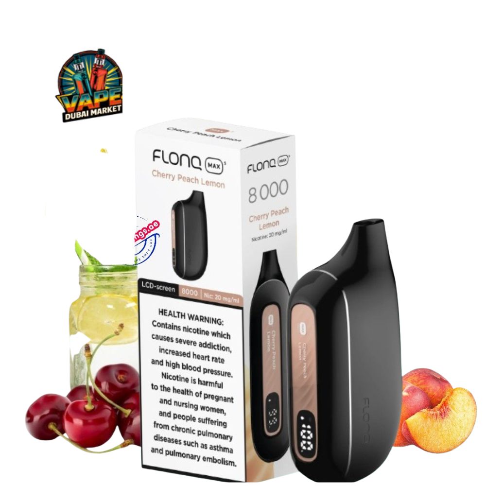 Flonq Max S 8000 Cherry Peach Lemon vape with box and fruits