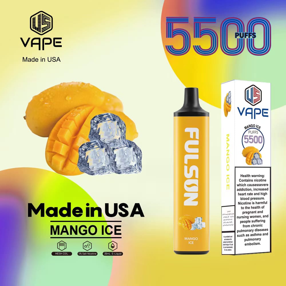 Fulson Mango Ice – 5500 puffs disposable vape with mango ice flavor, box, and device