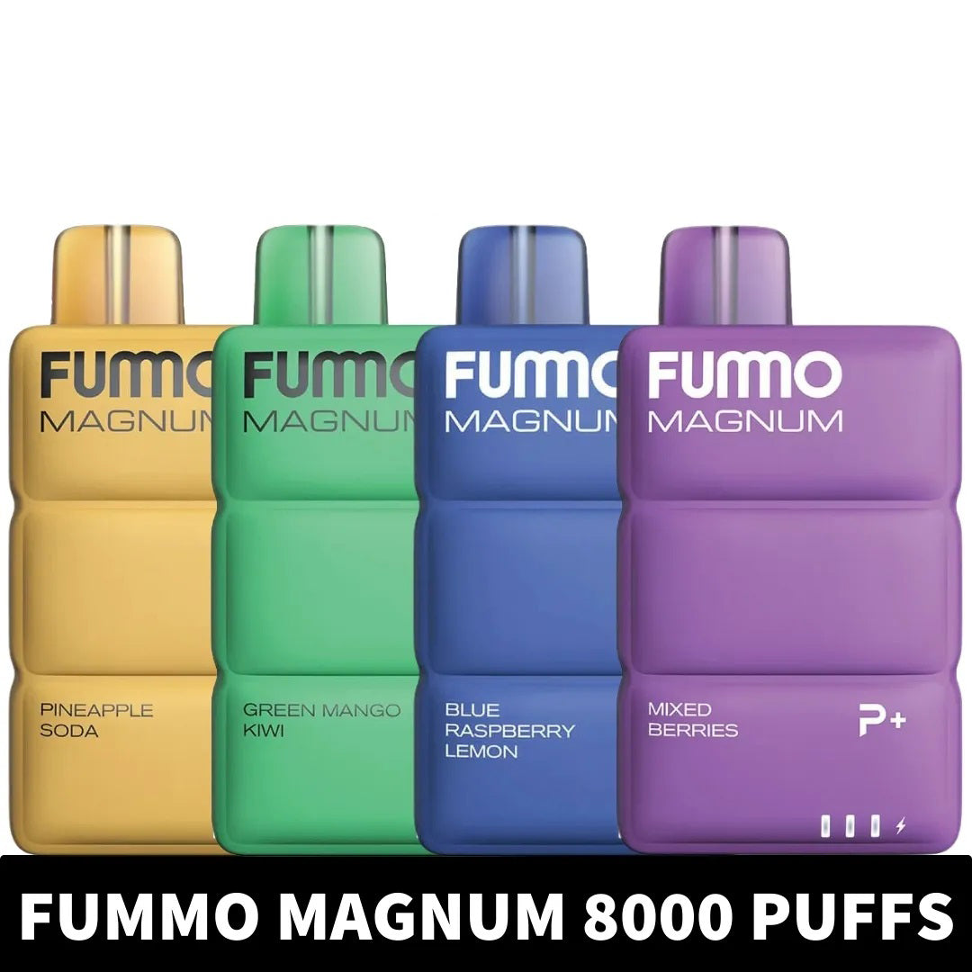 Fummo Magnum 8000 puffs vapes in pineapple soda, mango kiwi, berry, and lemon flavors
