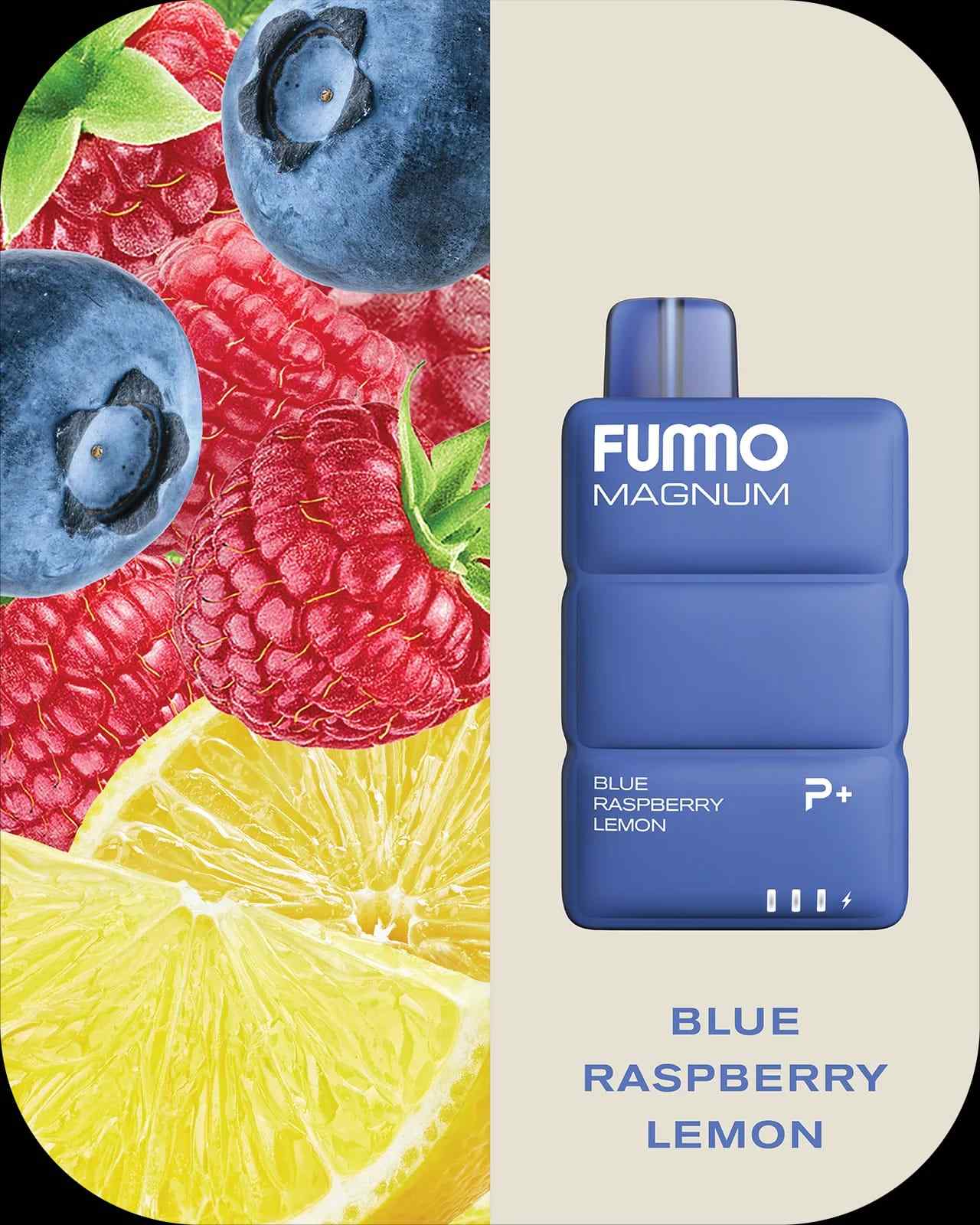 Fummo Magnum Blue Raspberry Lemon vape with raspberries, lemon, and blueberries