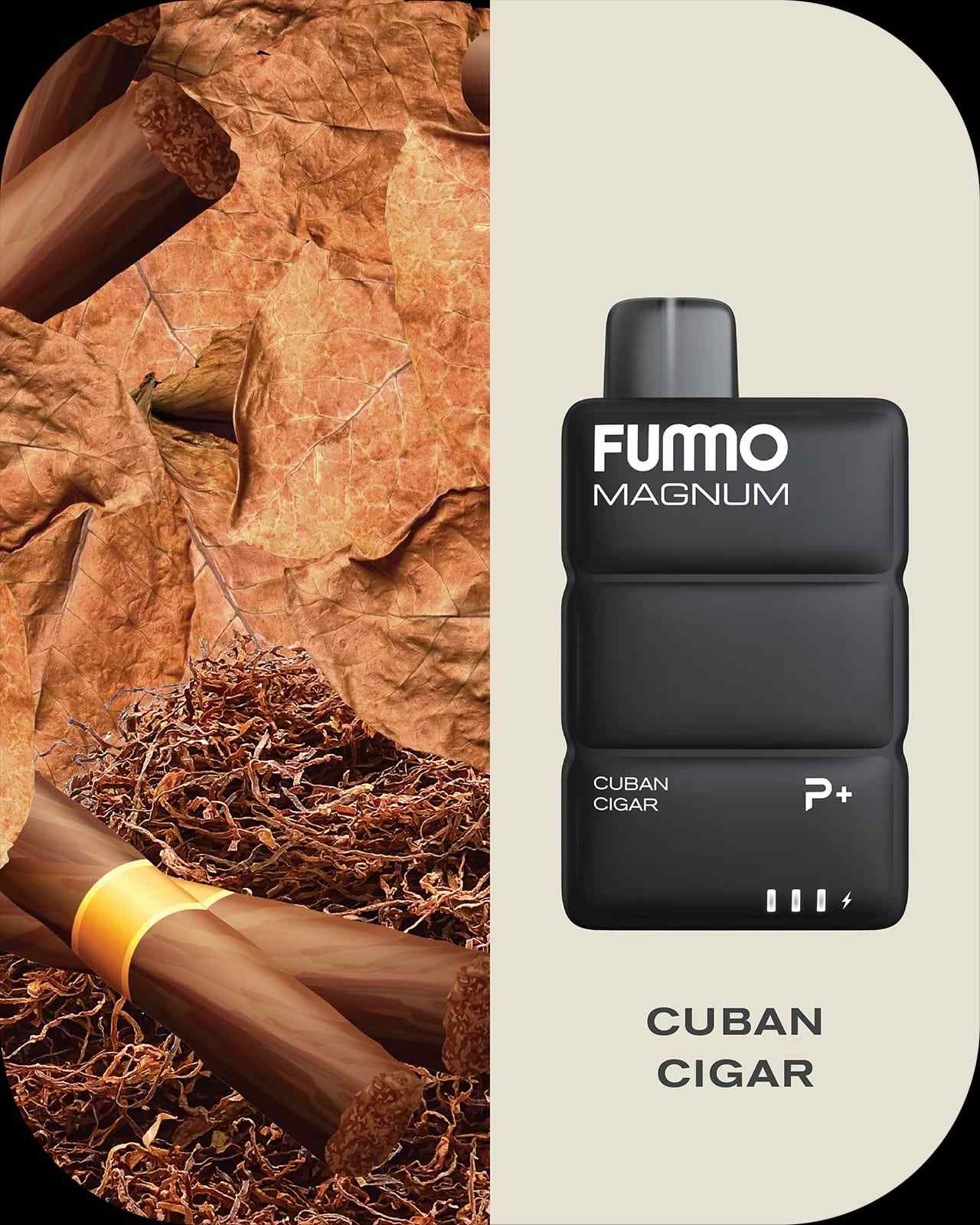 Fummo Magnum Cuban Cigar vape with tobacco leaves and cigars