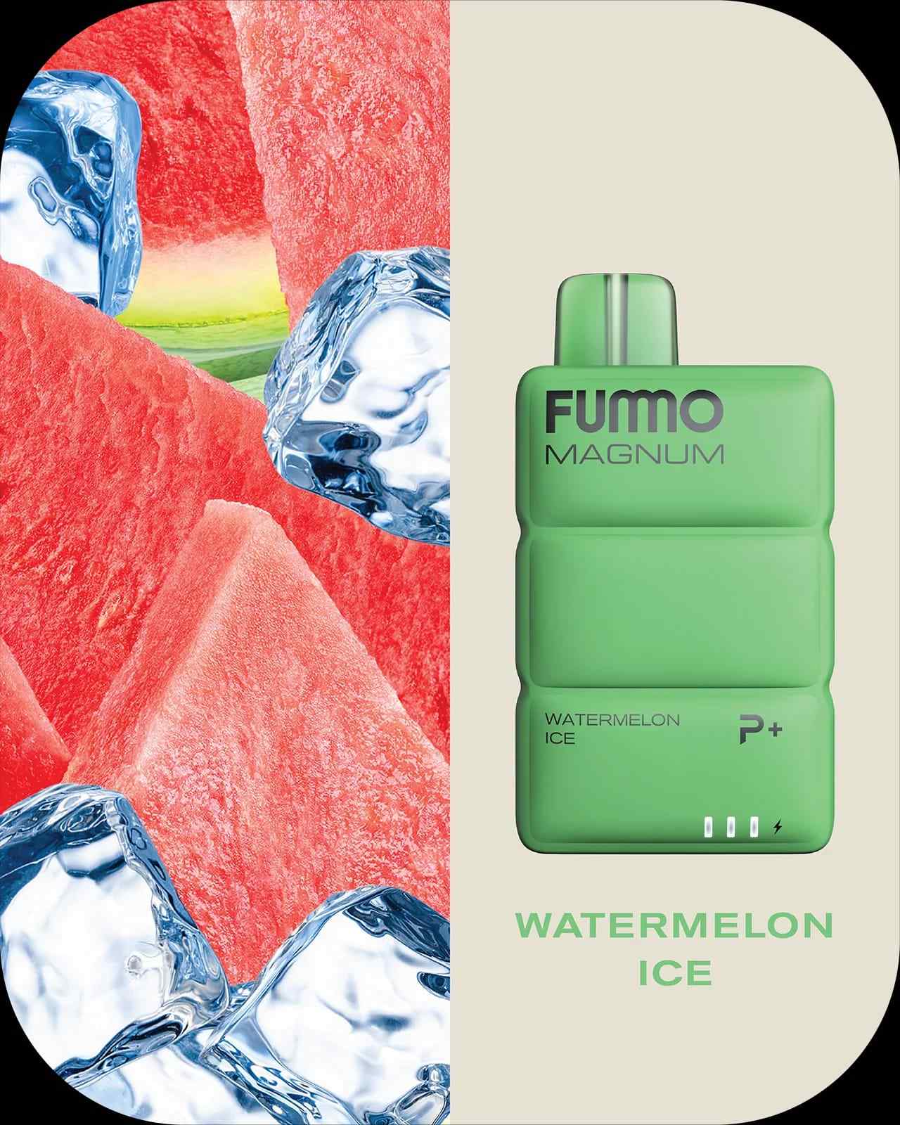Fummo Magnum Watermelon Ice vape with watermelon slices and ice cubes