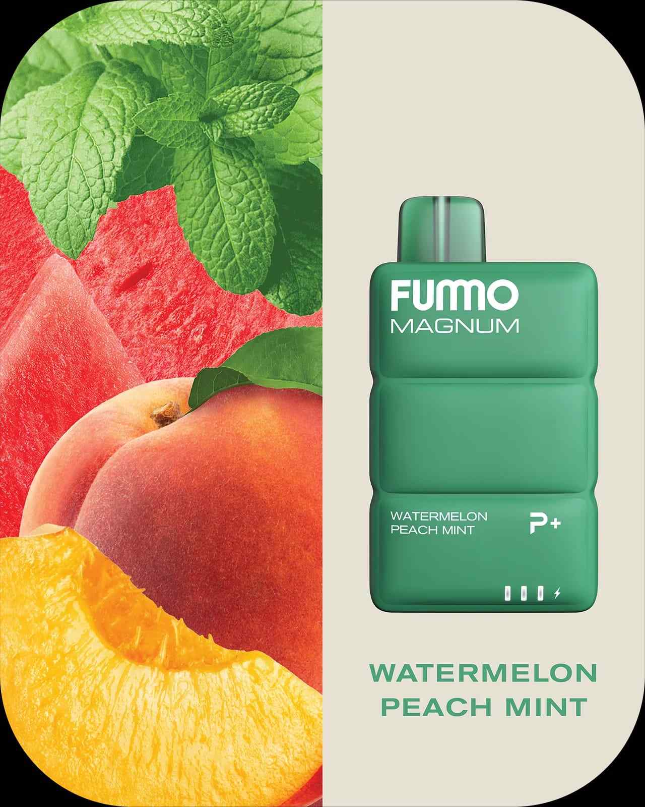 Fummo Magnum Watermelon Peach Mint vape with peach, watermelon, and mint