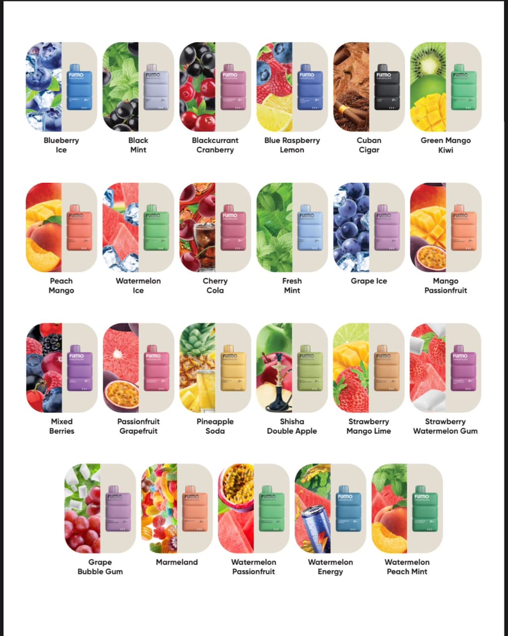 Fummo Magnum vape flavors lineup with fruit backgrounds and device images