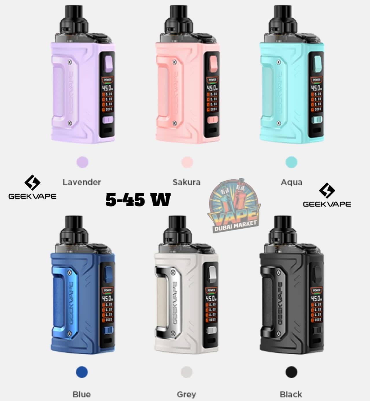 GeekVape H45 Pod Mod Kit in six colors, compact pod mod vape device color options